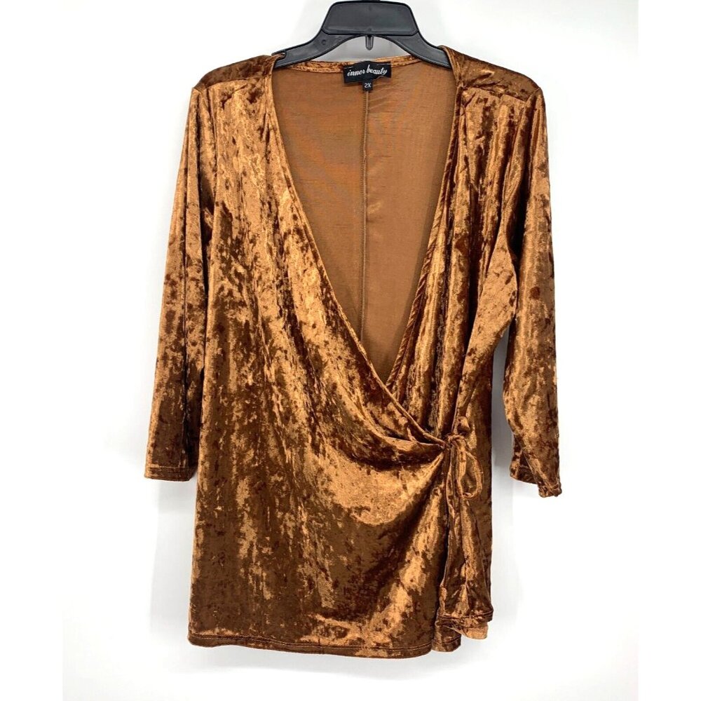 Inner Beauty Top Wrap Crushed Velvet V-Neck 3/4 Sleeve Copper